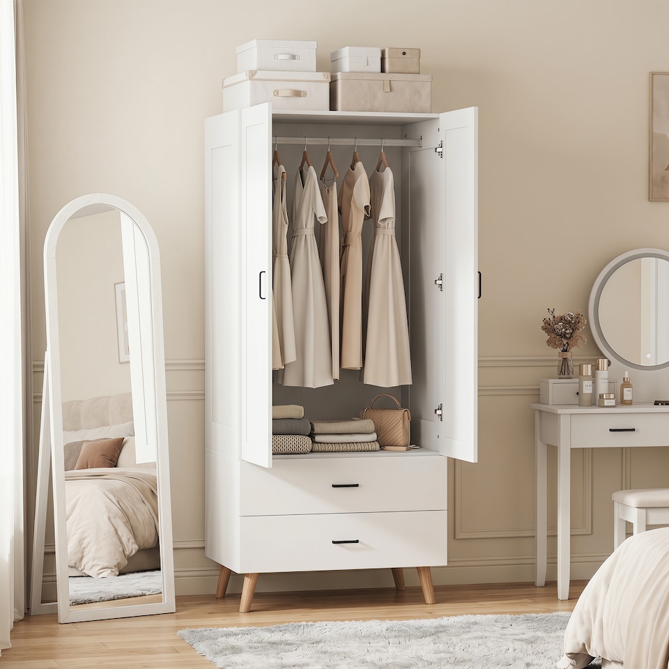 image 1 of HOMCOM Wardrobe with 2 Drawers Hanging Rail, 180 cm Storage Closet, White