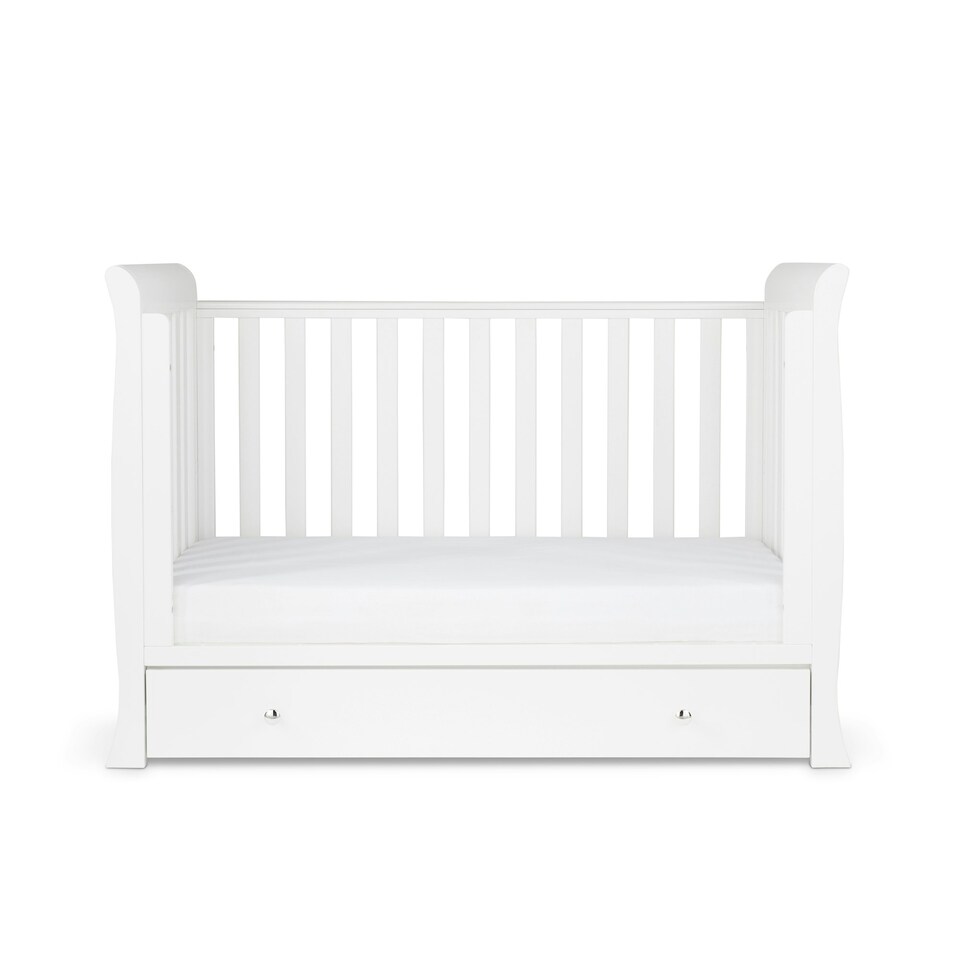 image 1 of Snowdon Mini Cot Bed, Fibre Mattress & Underdrawer – Sleigh Style, Convertible Baby Cot to Toddler Bed, Adjustable Base (White)