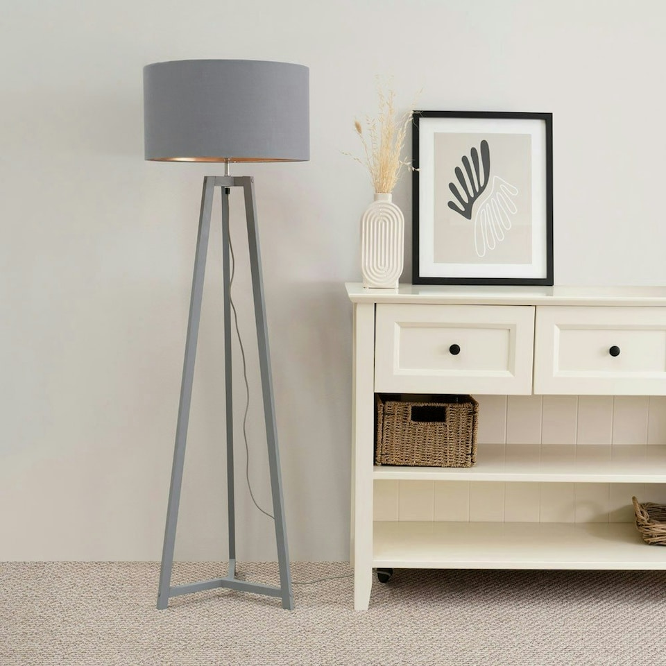 image 1 of ValueLights Lottie Grey Wood Tripod Floor Lamp with Grey and Copper Drum Shade