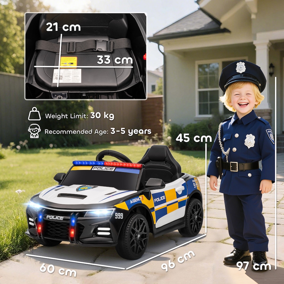 image 1 of AIYAPLAY Kids Electric Car, 12V Battery Powered Police Ride on Car with Remote Control, Music, Horn, Siren, Flashing Lights, Children Electric Vehicle for 3-5 Years