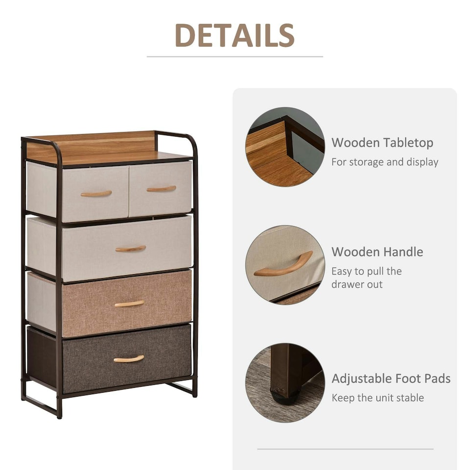 image 1 of HOMCOM Closet Dresser, Dresser Tower With 5 Linen Fabric Drawers Steel Frame