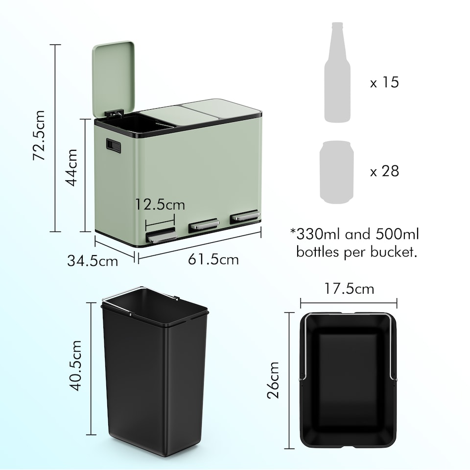 image 1 of 3 Compartment 45L Waste & Recycling Kitchen Bin (3 x 15L) | Green | Sage Green | 45L