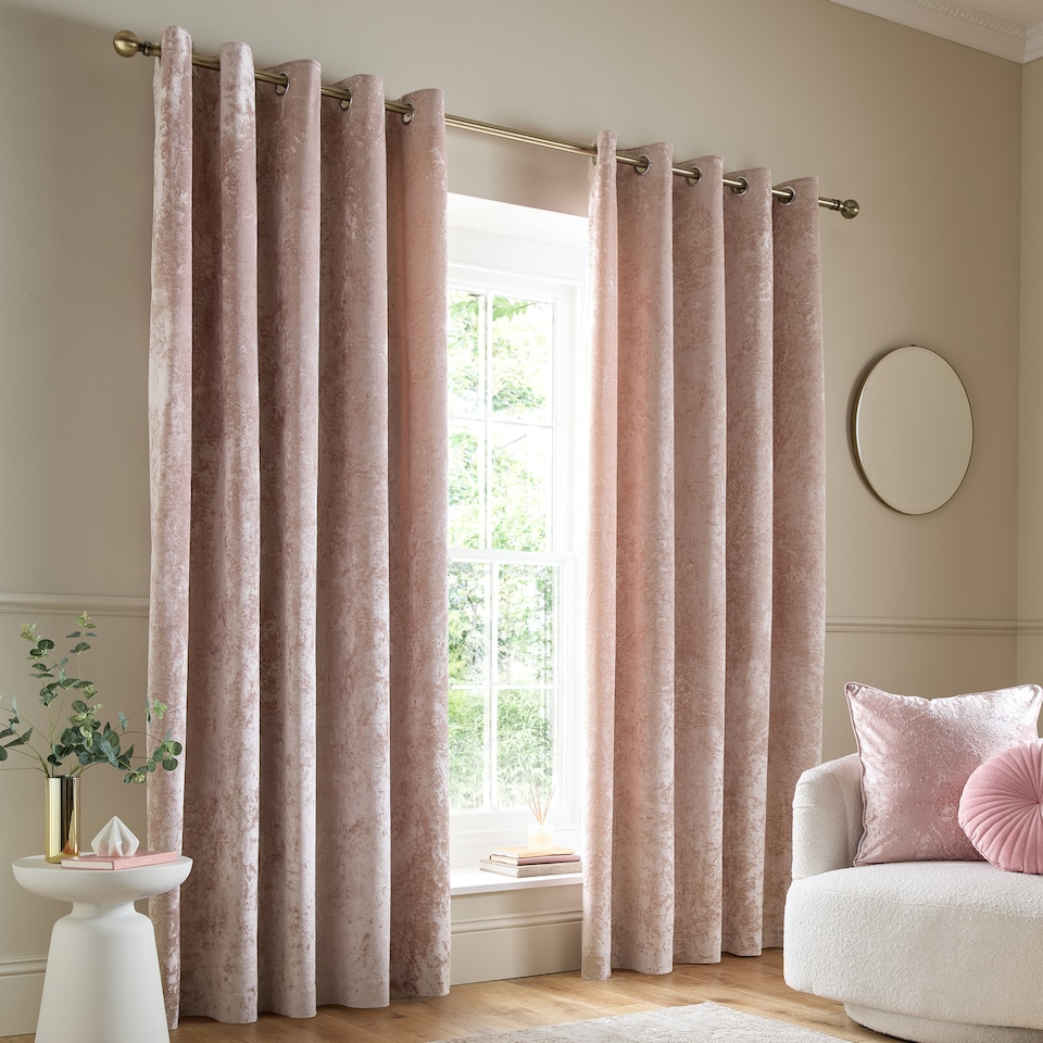 image 1 of Catherine Lansfield Crushed Velvet Lined Eyelet Curtains | Pink | Blush Pink
