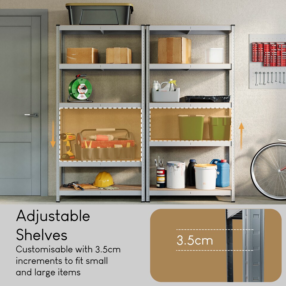 image 1 of Home Vida 5 Tier Large Heavy Duty Adjustable Steel Garage Shelving, Galvanised - Holds 875kg - (Set of 4) | Silver | Silver | Large