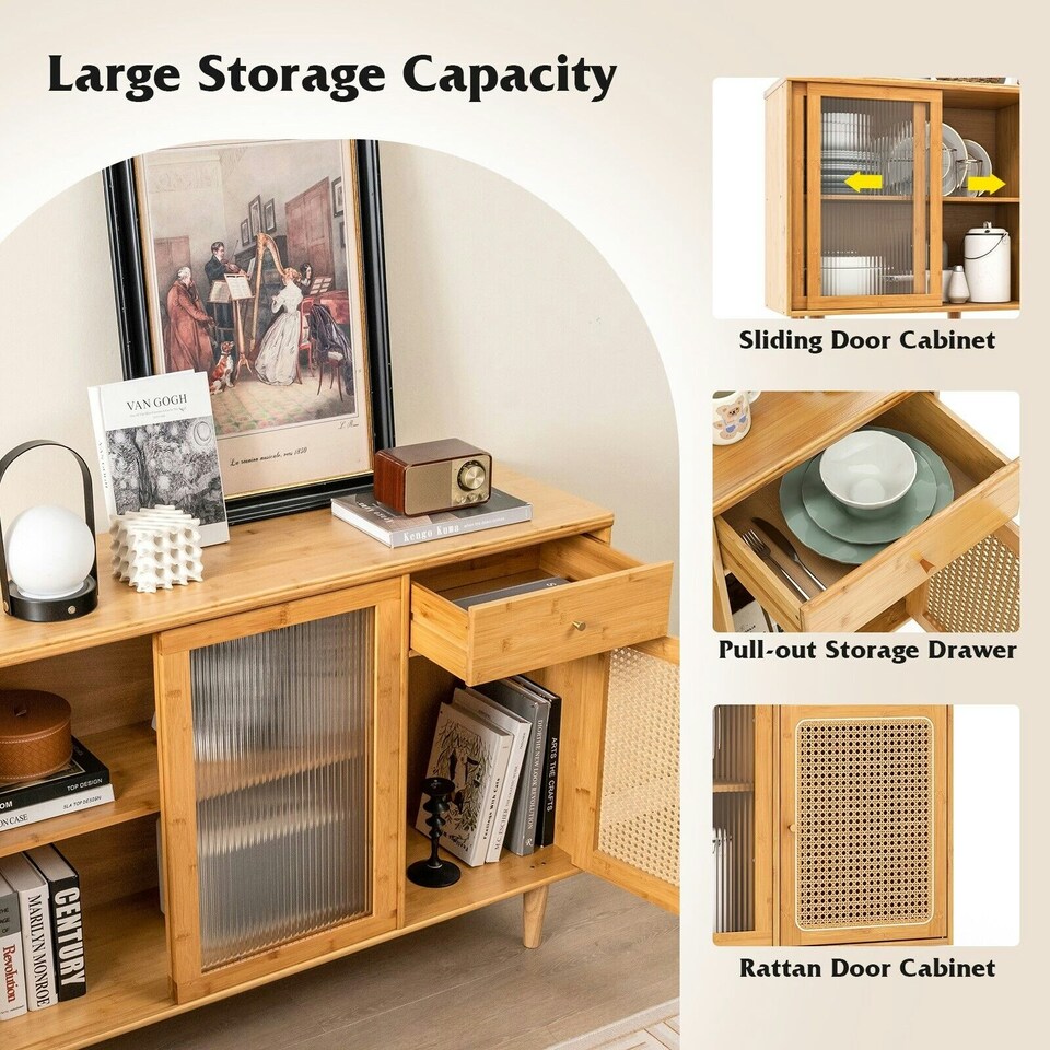 image 1 of COSTWAY Kitchen Buffet Sideboard Storage Cabinet Cupboard Brown