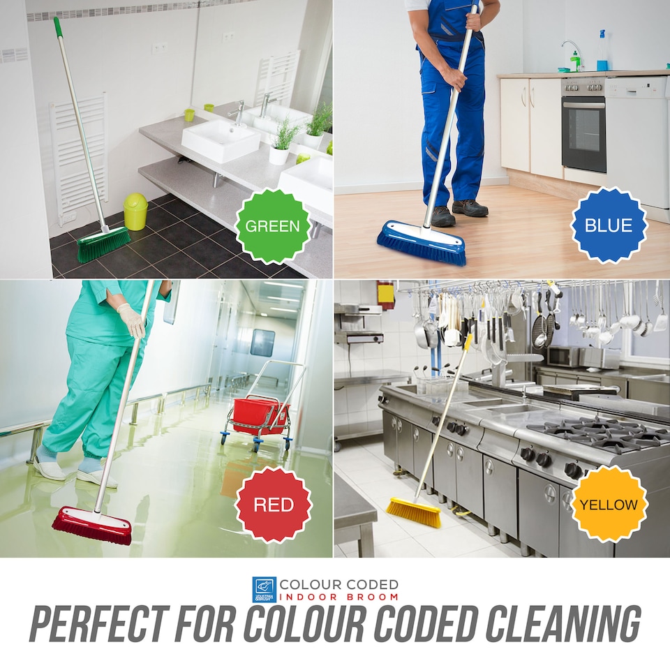 image 1 of Colour Coded Indoor Sweeping Broom with Scraper
