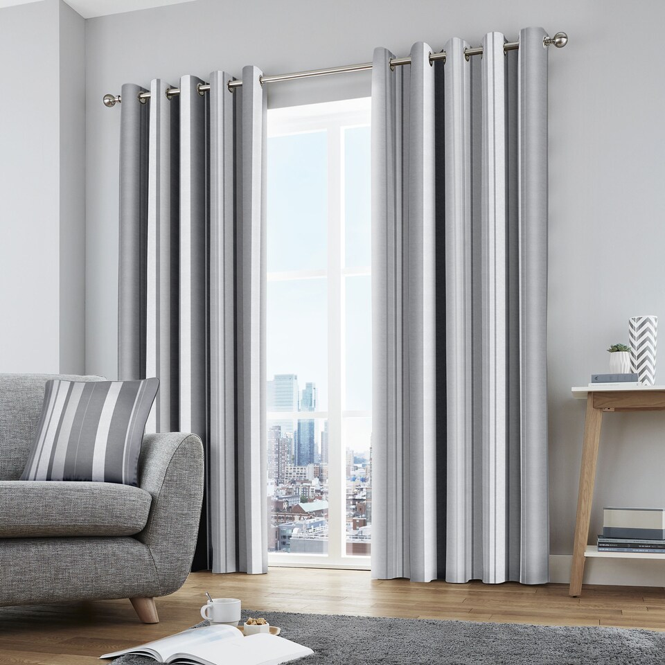 image 1 of Fusion Whitworth Stripe Eyelet Curtains Grey