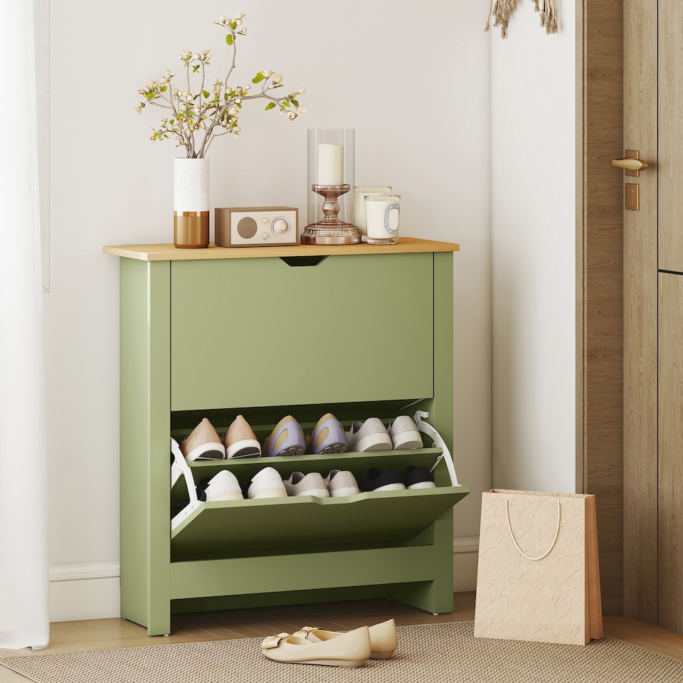 image 1 of HOMCOM 12-Shoe Storage Cabinet 4 Shelves 2 Drawers Tabletop Green | Green