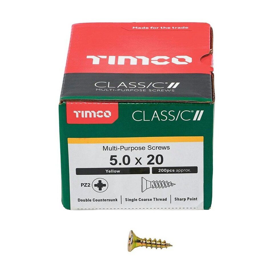 image 1 of Timco - Classic Multi-Purpose Screws - PZ - Double Countersunk - Yellow (Size 5.0 x 20 - 200 Pieces)