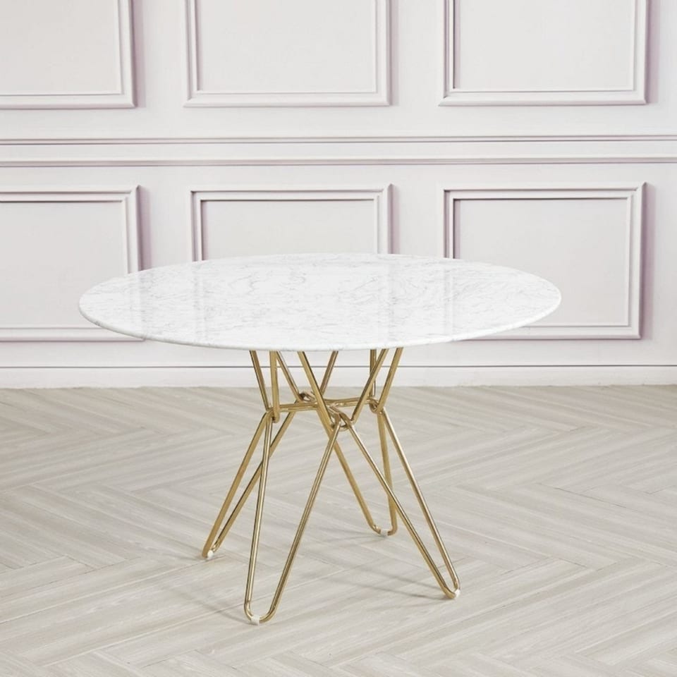 image 1 of Round Marble Dining Table with Gold Hairpin Style Leg - L120 x W120 x H75 cm - White White