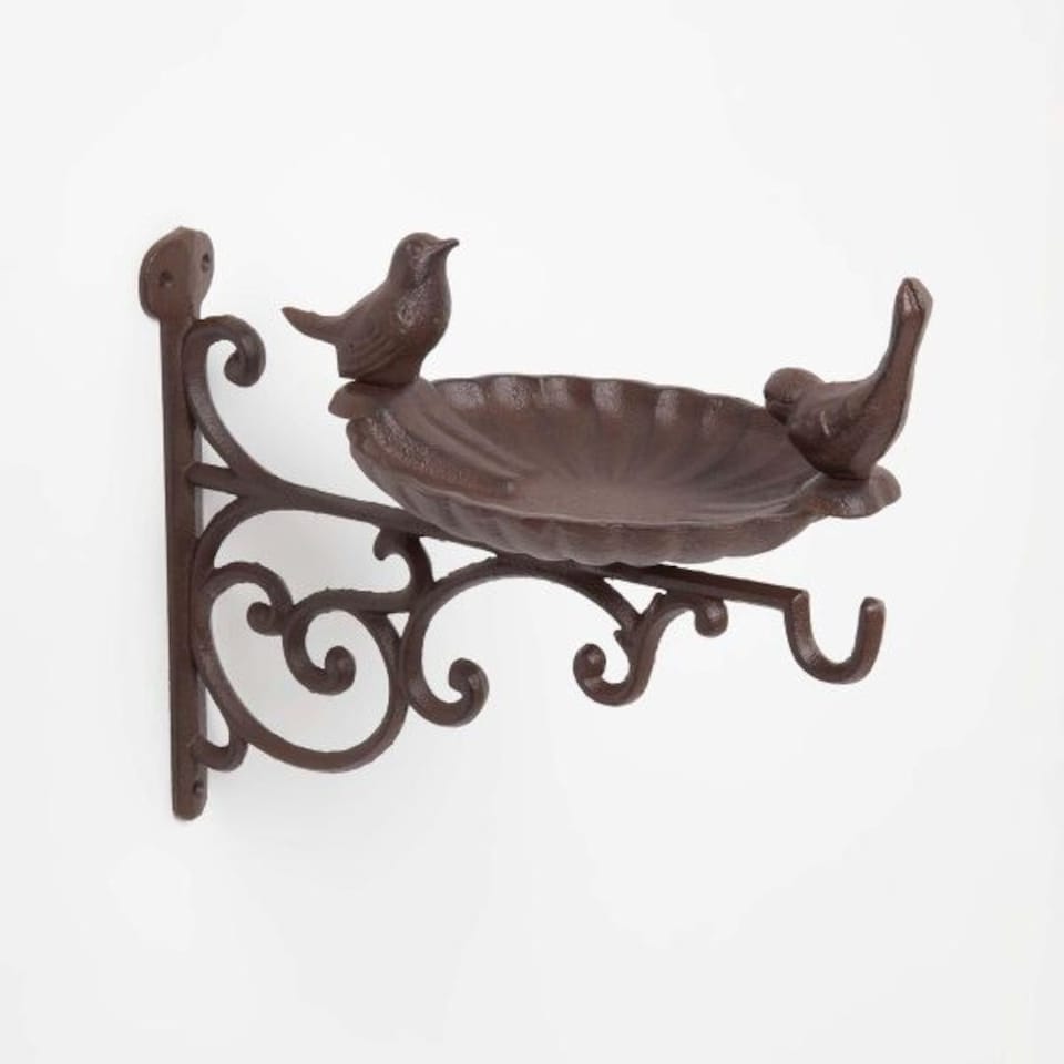 image 1 of Homescapes Cast Iron Wall Mounted Bird Bath with Bird Decoration