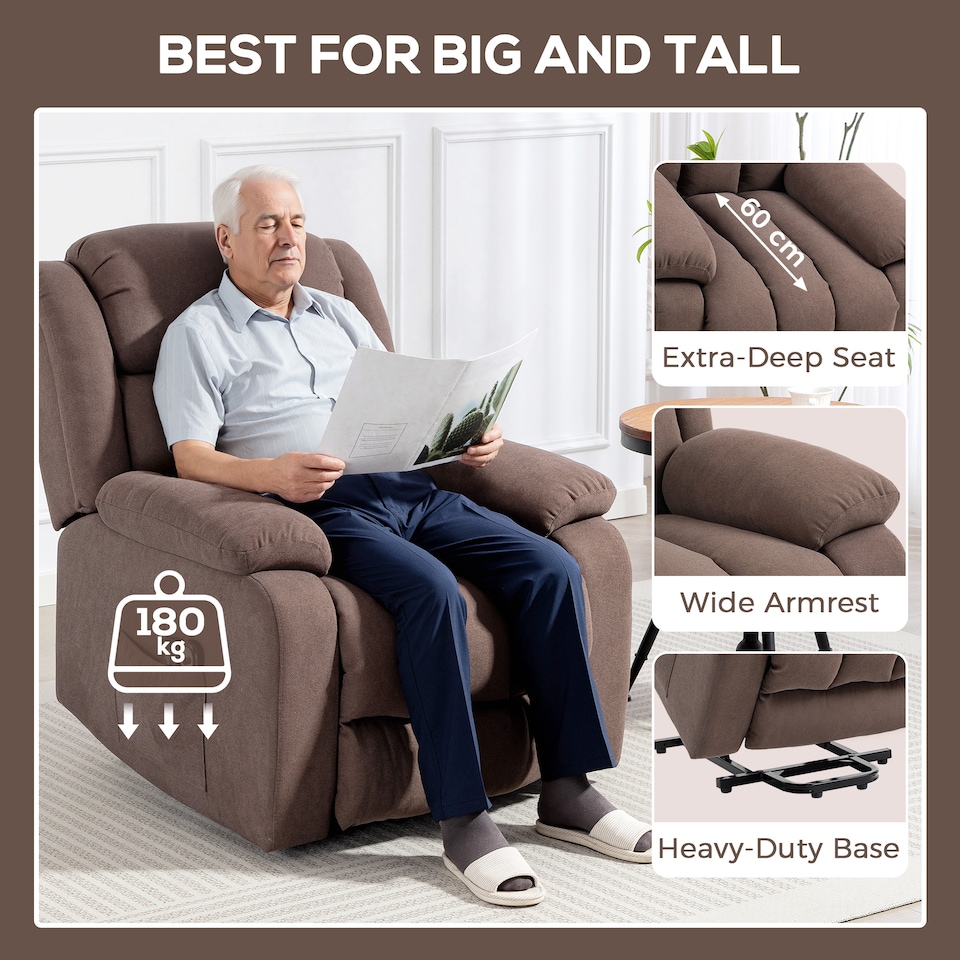 image 1 of HOMCOM Power Lift Recliner Chair with Massage, Linen Overstuffed Lift Chair for Elderly, Electric Recliner Armchair with Footrest, Remote Control and Side Pocket, for Living Room, Dark Brown | Brown | Dark brown
