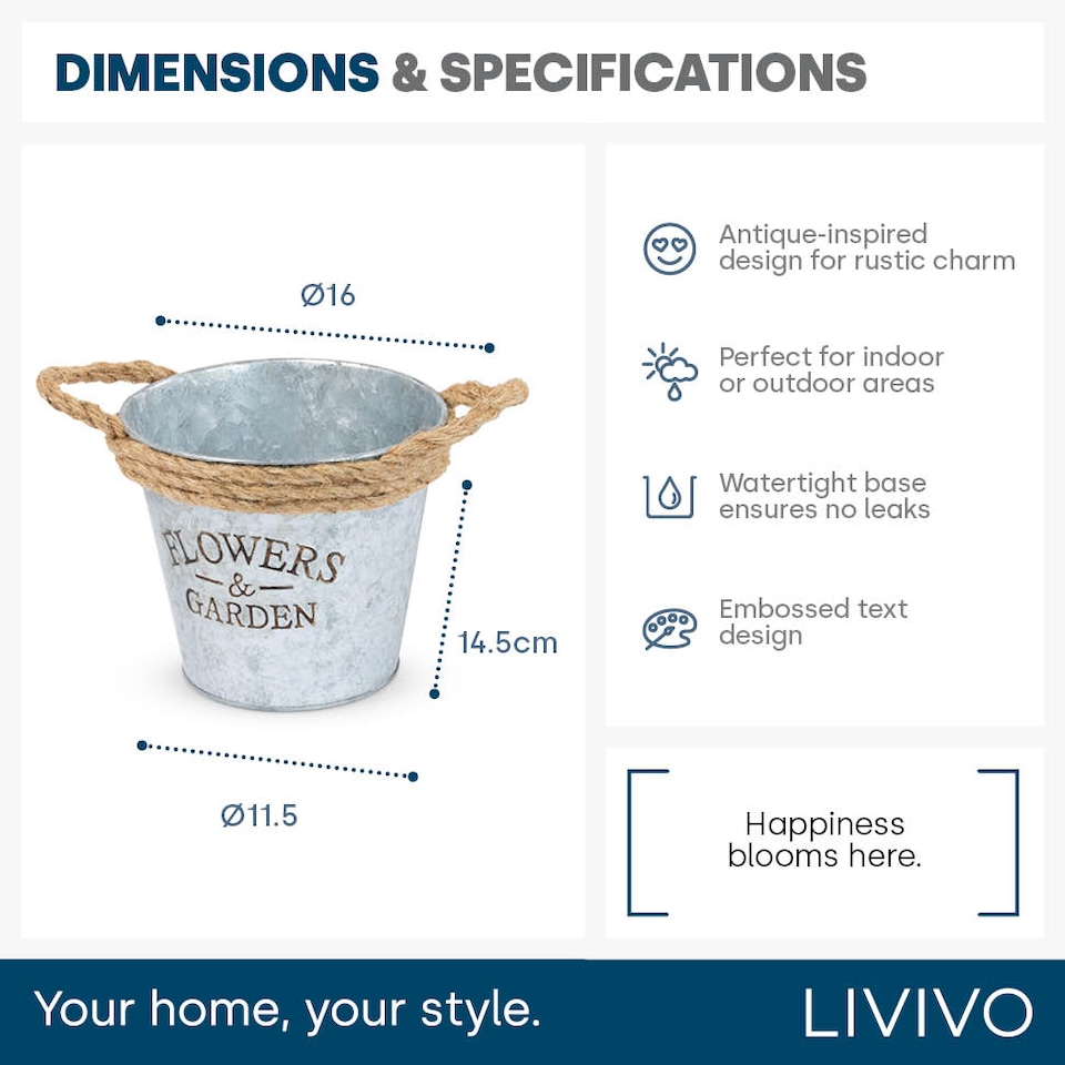image 1 of Round Zinc Plant Pot 16cm with Hessian Handle
