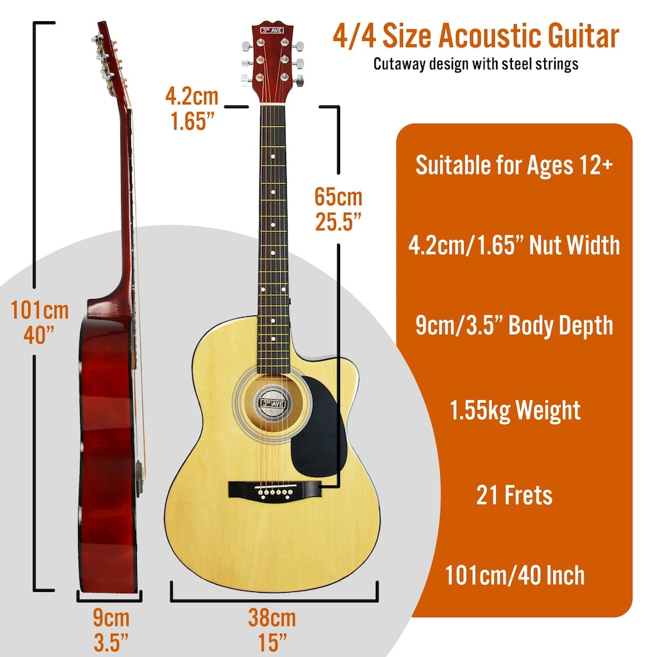 image 1 of 3rd Avenue Full Size Cutaway Acoustic Guitar Pack Black