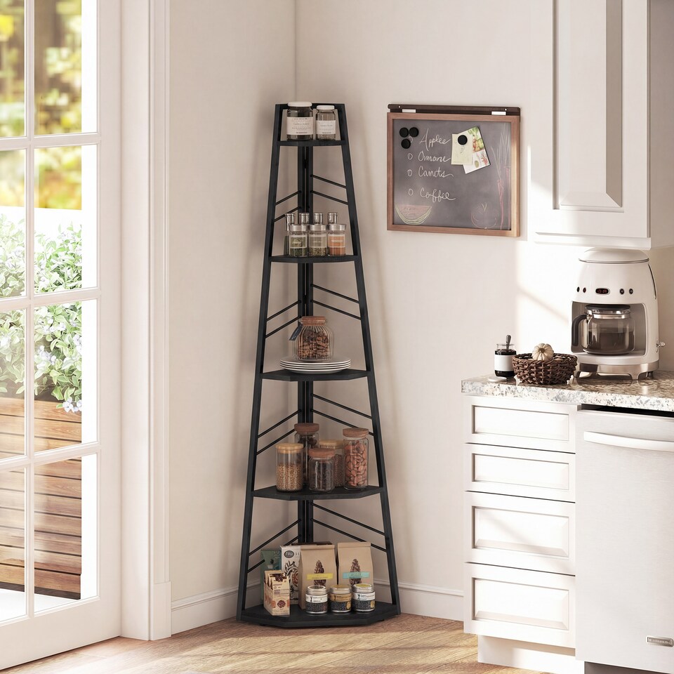 image 1 of HOMCOM 5-Tier Corner Bookcase, Floor Standing Shelving Unit | Black | Black | 36.5 x 36.5 x 159.5 cm