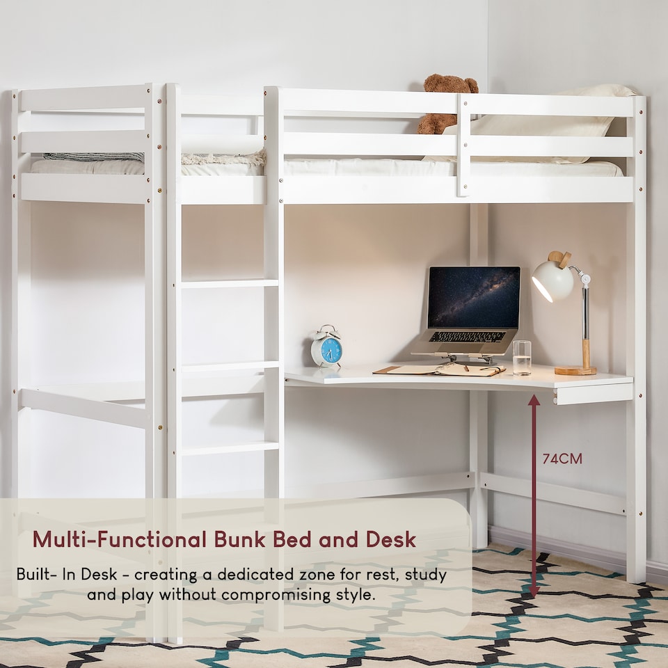 image 1 of Vida Designs Sydney Bunk Bed With Desk, 3ft Single Bed, White, 90 x 190cm