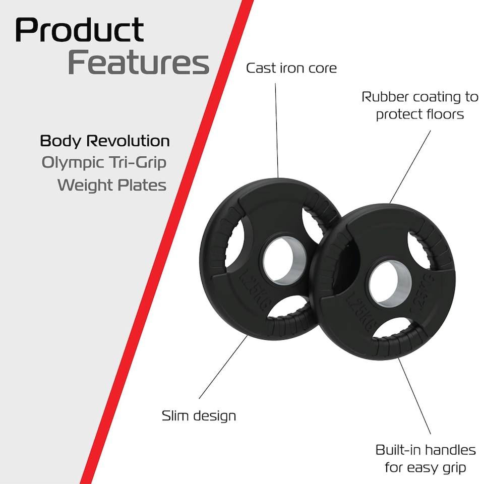 image 1 of Olympic Tri-Grip Rubber Weight Plates Black Pairs Sets 1.25 kg PAIR