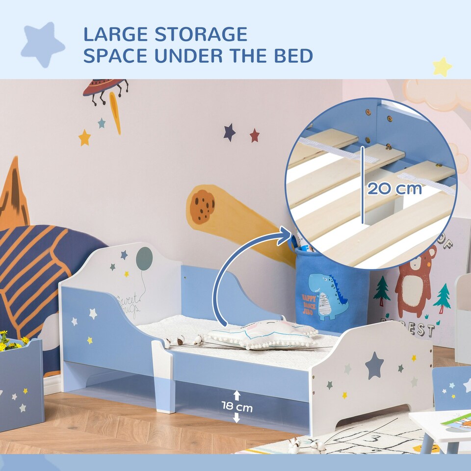 image 1 of HOMCOM Kids Star Balloon Single Bed Frame w/ Guardrails Slats Bedroom Furniture