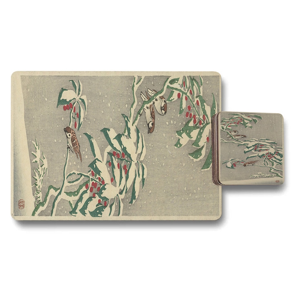 image 1 of Set Of 12 Placemat And Coaster Set With Designer Artwork Wood Bottom