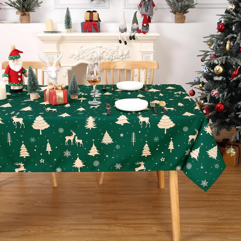 image 1 of London Boutique Christmas Tablecloth, Deer Pattern, Waterproof Table Cloth, 54 x 79 inch, Green