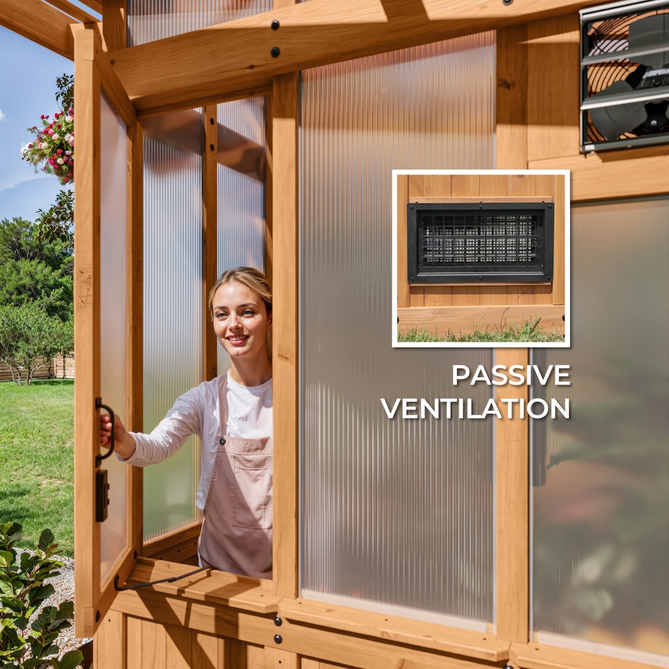 image 1 of Backyard Discovery Poppy Cedar Wood Polycarbonate Greenhouse with Pergola Front and Powerport 2.7m x 1.7m (9ft x 6ft)