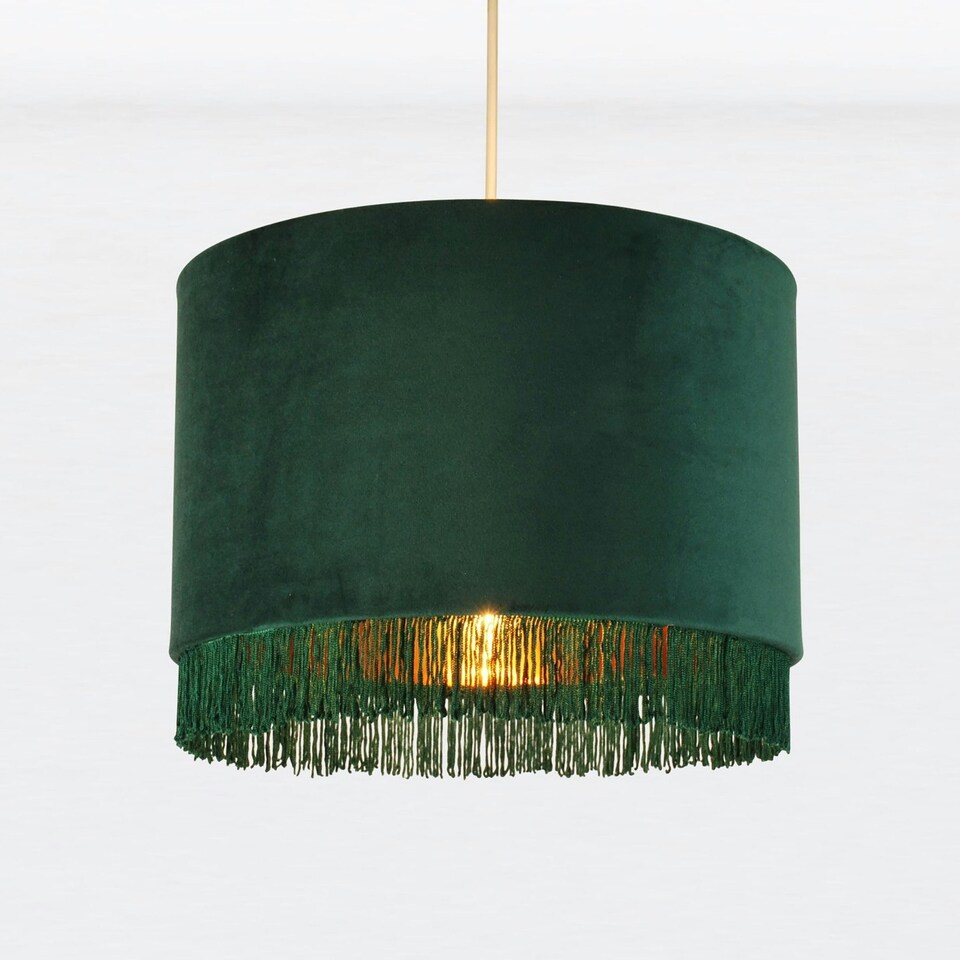 image 1 of First Choice Lighting Set of 2 Spruce Green Velvet With Gold Inner Tassled Light Shades Green | Gold