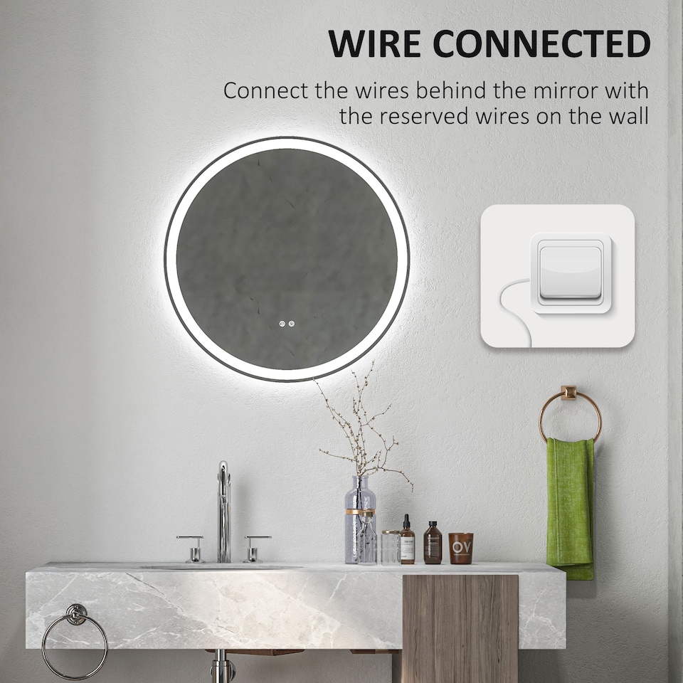 image 1 of kleankin Round Bathroom Mirror with LED Lights, Wall Mount Dimmable Makeup Mirror with 3 Temperature Colours, Defogging Film and Memory Function