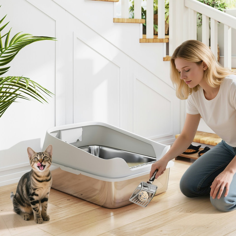 image 1 of PawHut Stainless Steel Cat Litter Box with High Sides Grey | L