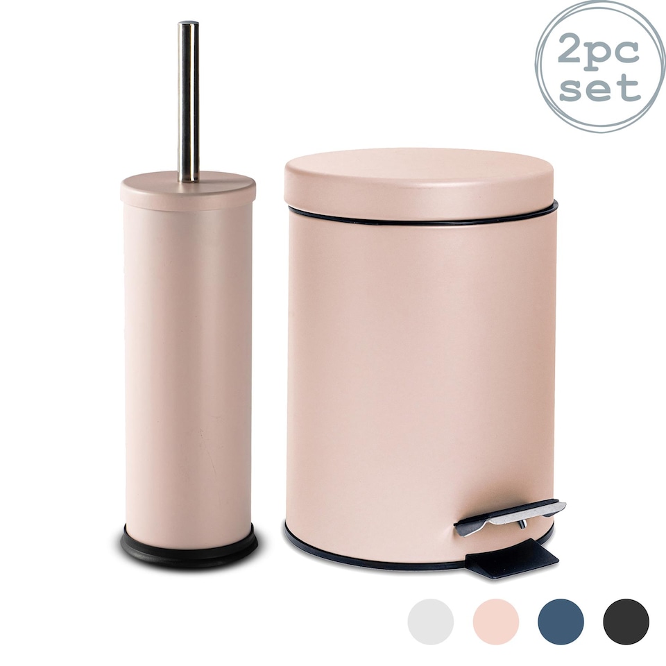 image 1 of Harbour Housewares Bathroom Bin & Toilet Brush Set - 3L - Matt Pink - Round Stainless Steel Slim Trashcan Rubbish Bin & Brush