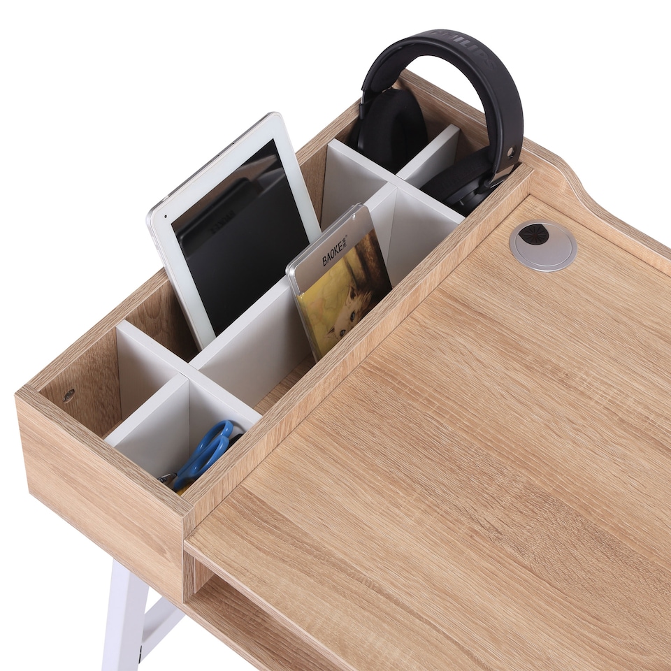 image 1 of HOMCOM Computer Desk, Writing Desk, Study Workstation with Drawer, Storage Compartments, Cable Management, Laptop Table, Metal Frame, 100 x 55 x 81.5cm, Oak and White