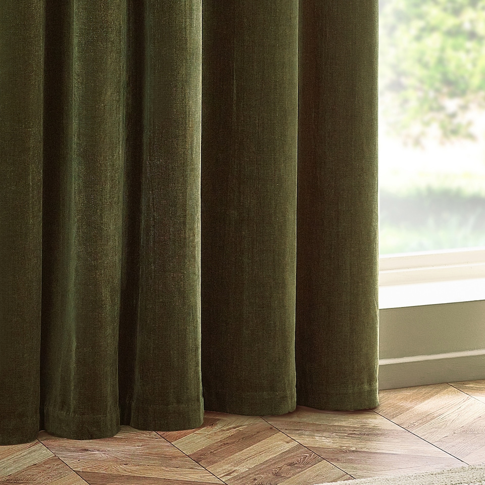 image 1 of Heavy Chenille Blackout Eyelet Curtain Pair | Green | Olive | 2