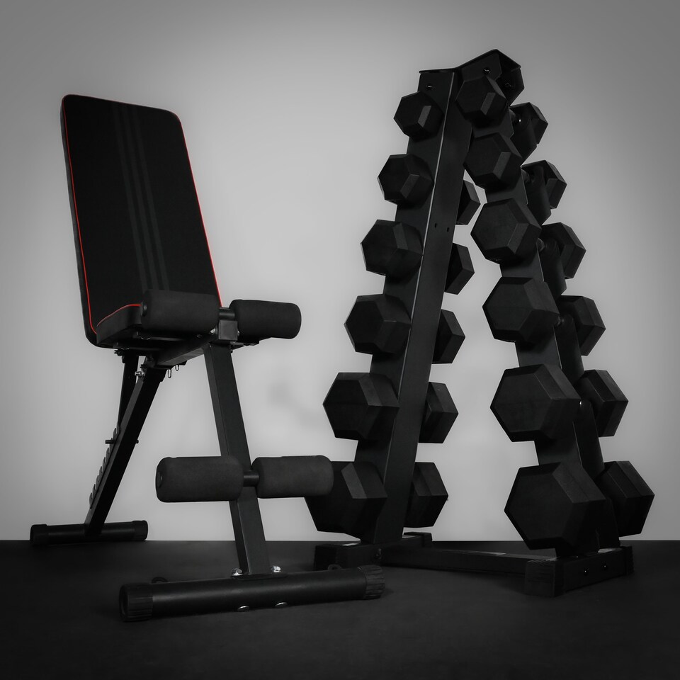 image 1 of GYM SETS 5 & 6 Tier Hex Dumbbell Tree Rack | 5 Tier Tree 2.5-12.5kg (With Weights) + No Bench