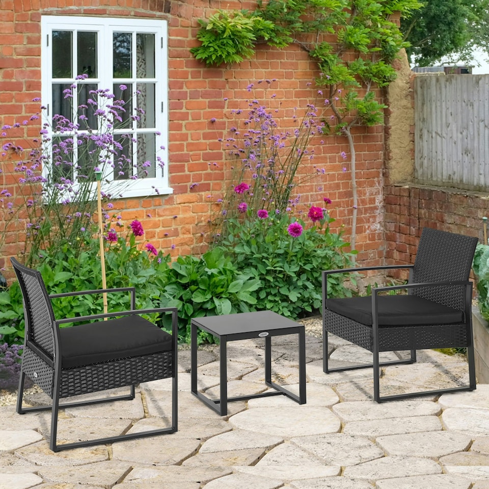image 1 of Outsunny 3 Pieces Rattan Patio Bistro Set 2 Chairs Coffee Side Table Set, Black