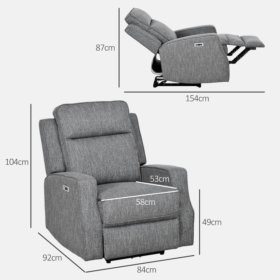 image 1 of HOMCOM Electric Armchair, Fabric Recliner Chair with USB Port, Charcoal Grey