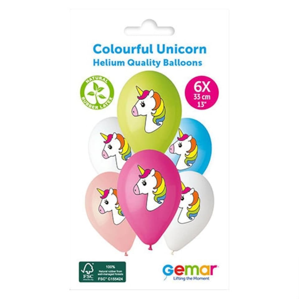 image 1 of Assorted Colour Rainbow Unicorn Latex Balloons 33cm / 13 in - Pack of 6