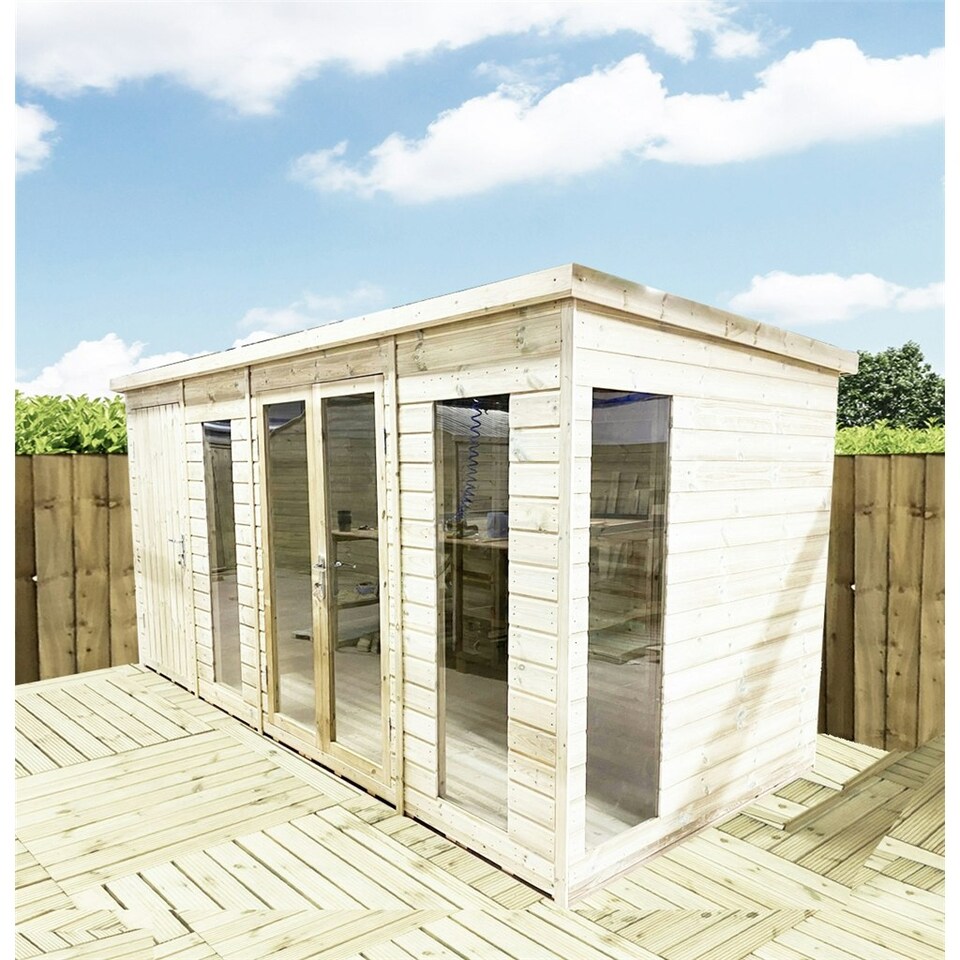 image 1 of 10 x 16 COMBI Pent Summerhouse + Side Shed Storage - Pressure Treated Tongue & Groove + Toughened Safety Glass (10' x16' / 10ft x 16ft) (10x16)