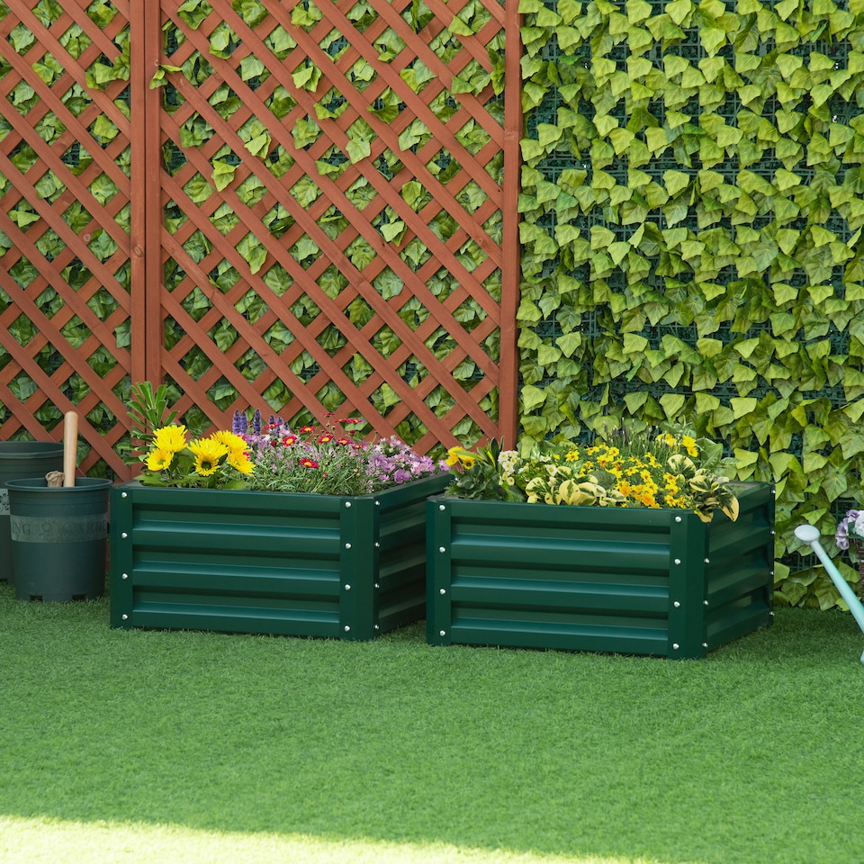 image 1 of Outsunny Set of 2 Raised Garden Bed Galvanised Planter Box, Green | Green | Green