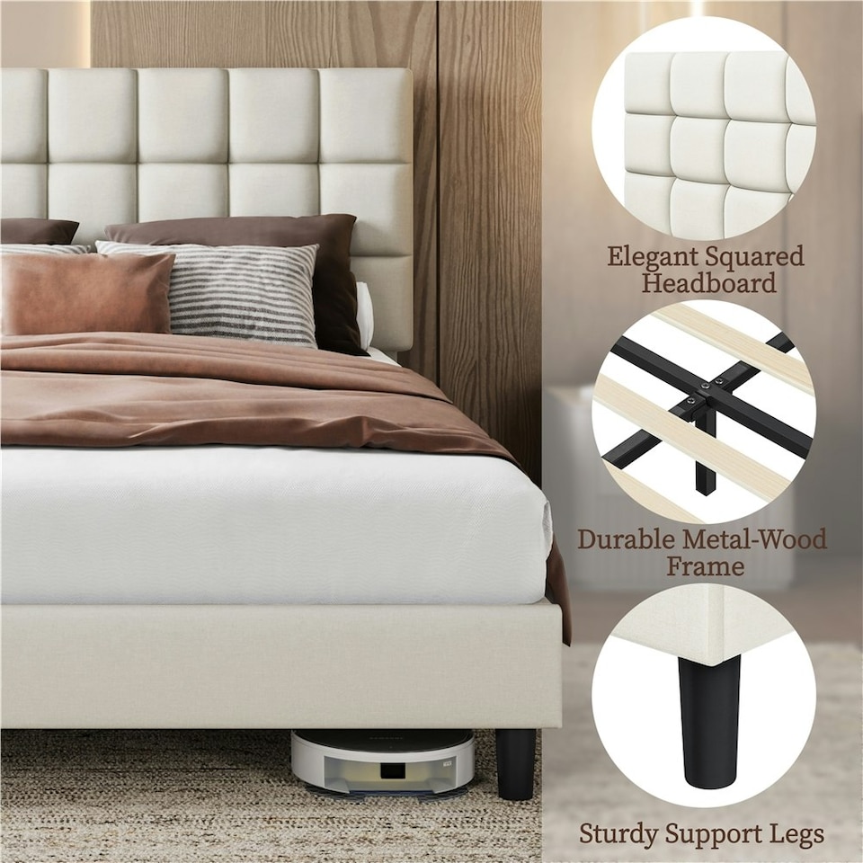 image 1 of Yaheetech 150 cm W × 200 cm L Upholstered Bed Frame Beige
