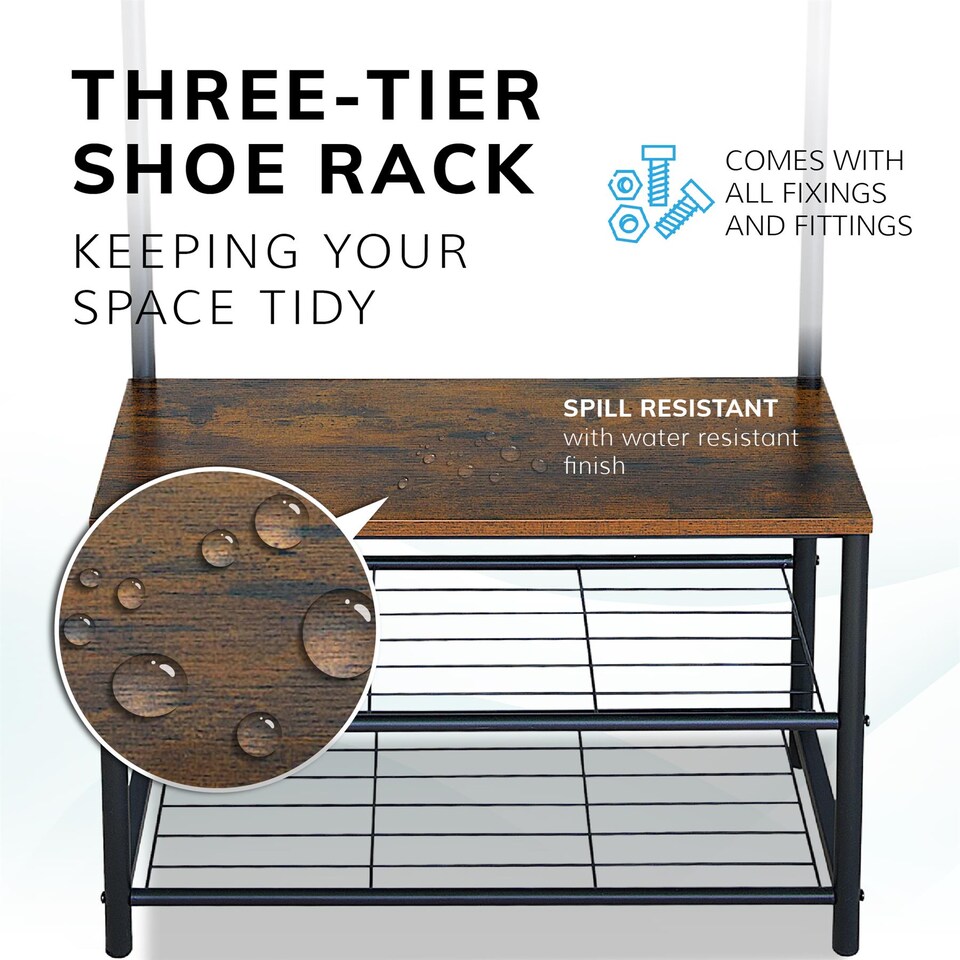 image 1 of House of Home Coat Rack Stand with Shoe Storage Bench 9 Hooks Rustic Brown Entrance Hall | Brown | Rustic Brown