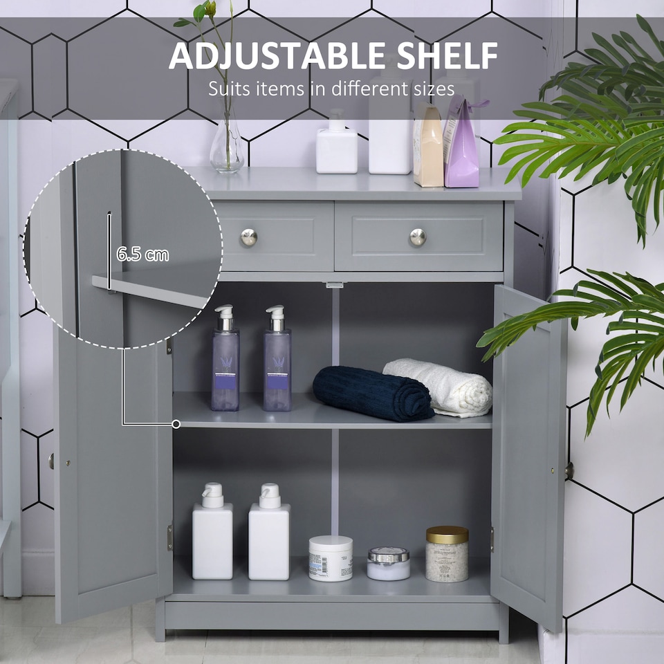 image 1 of kleankin 75x60cm Freestanding Bathroom Storage Cabinet Unit w  2 Drawers Cupboard Adjustable Shelf Metal Handles Traditional Style Grey