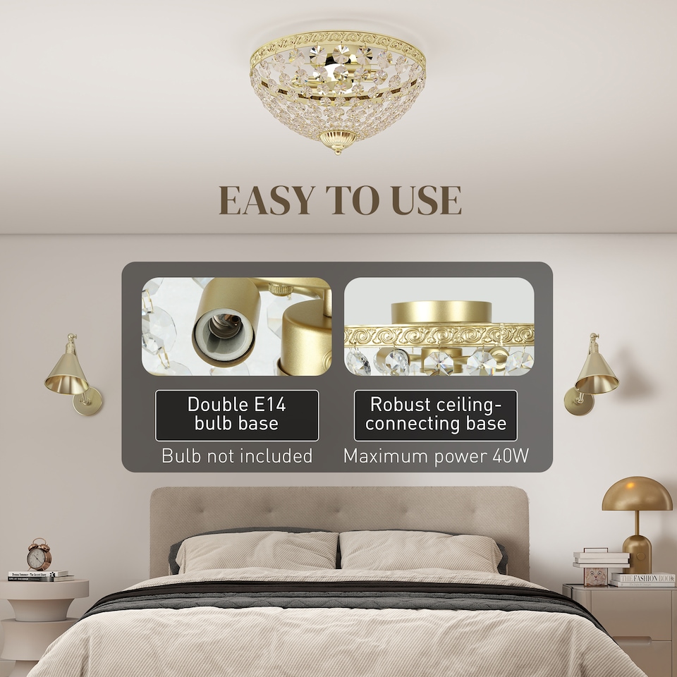 image 1 of HOMCOM Crystal Chandelier Ceiling Light with 168 Octagonal Beads, Vintage 2-Light Flush Mount Ceiling Light for Living Room, Bedroom, Hallway, Dining Room, Gold Tone | Gold