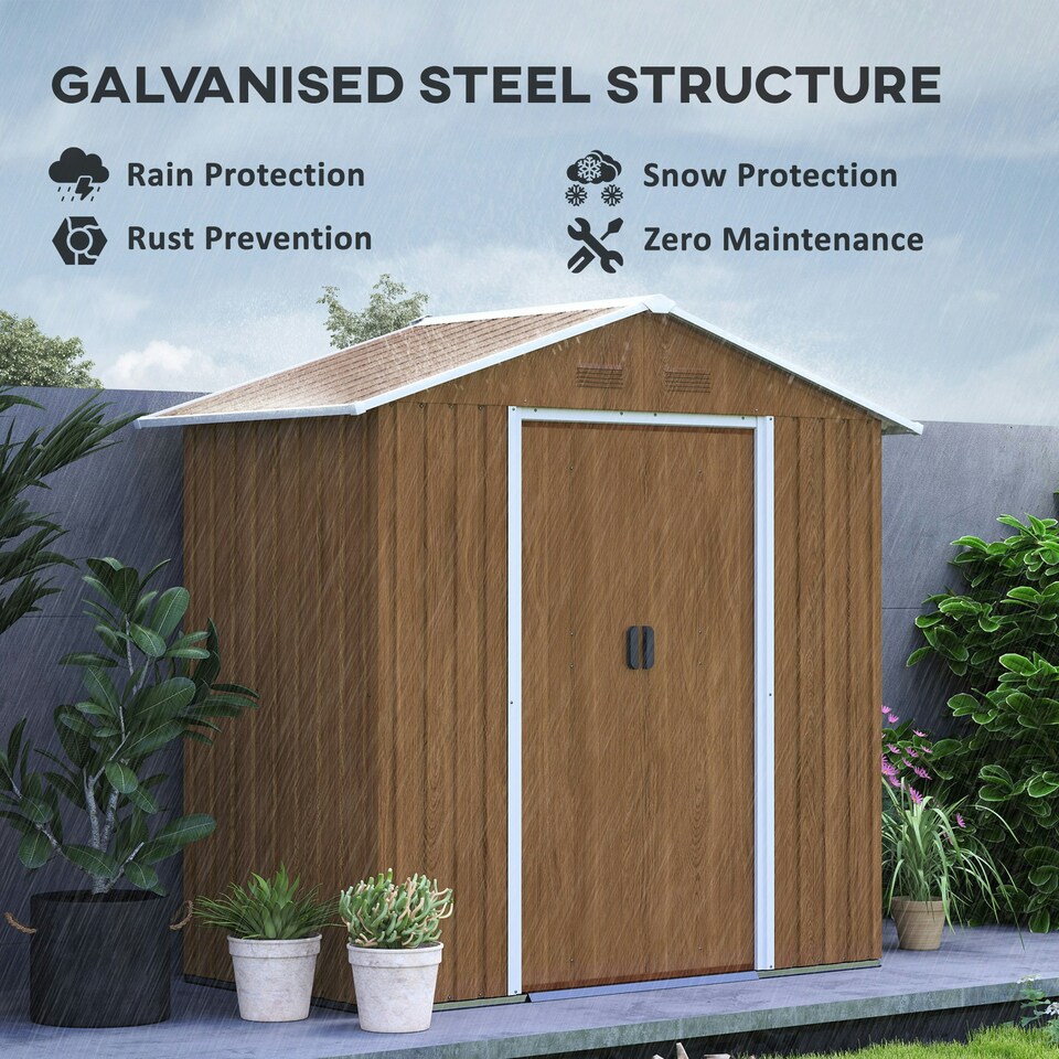 image 1 of Outsunny 6.5x3.5ft Metal Garden Shed for Garden, Brown Wood Effect Brown