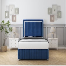 Sloomy Boston Chrome Navy Plush Divan Bed With Mattress 2 Drawers Left Side With 26" Strutted Headboard & 12" Matching Footboard 3' Single | Blue | Navy | Single | 1
