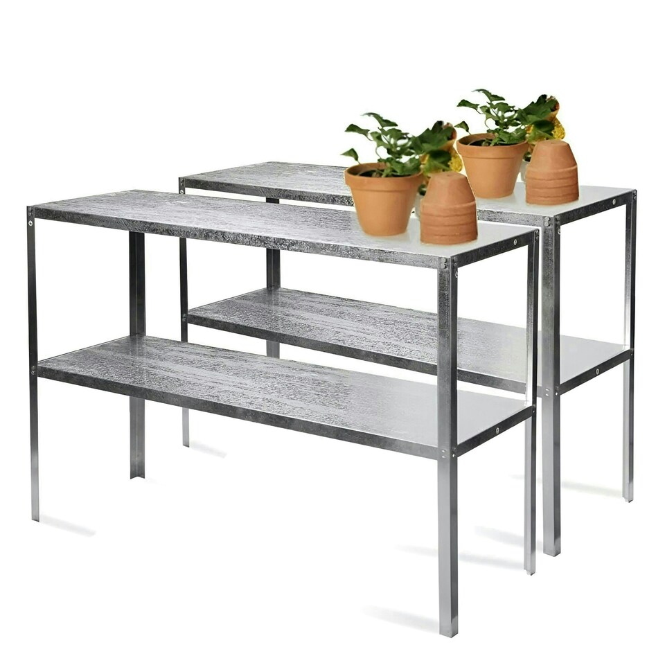 image 1 of Lacewing Twinpack Traditional 2 Tier Greenhouse Staging Shelving Bench in Silver 119cm
