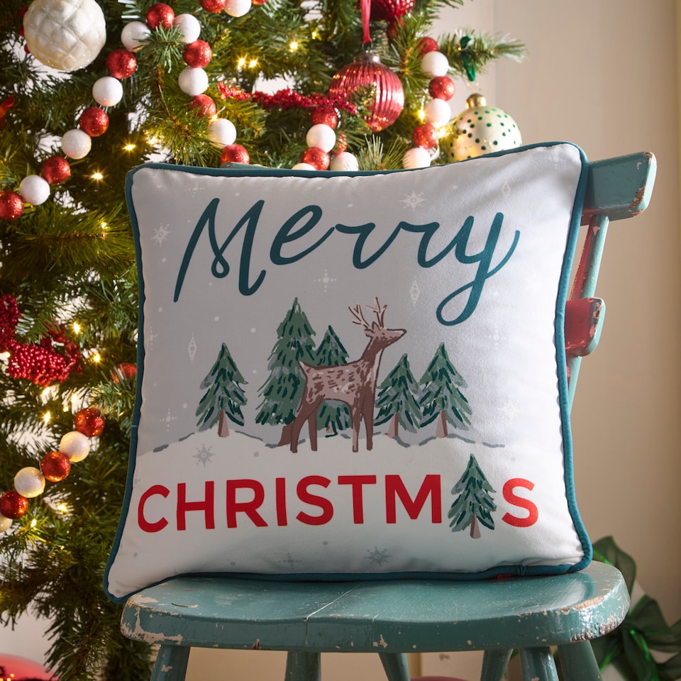 image 1 of Fusion Merry Christmas Deer Filled Cushion Green