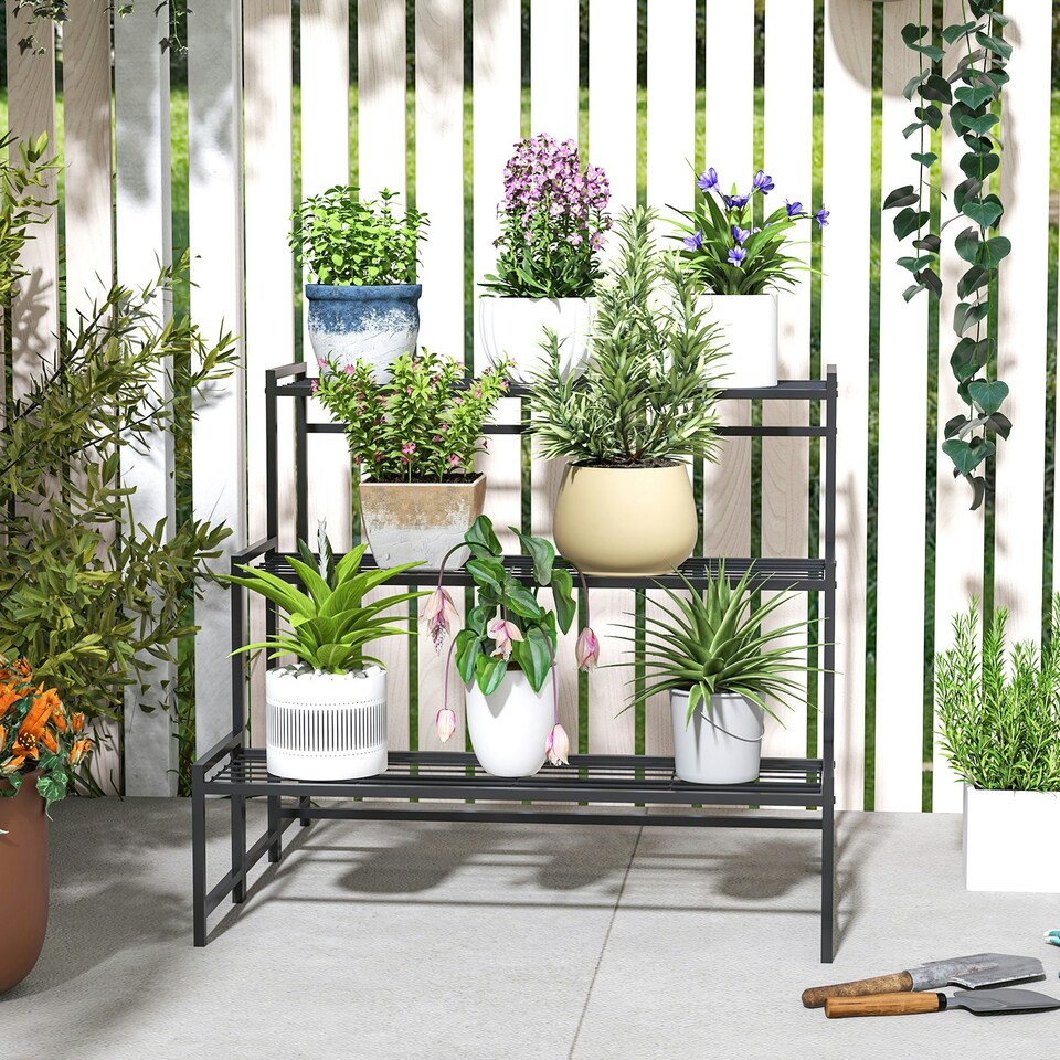 image 1 of Outsunny 3-Tier Metal Plant Stand, Modern Ladder Shelf for Garden, Black