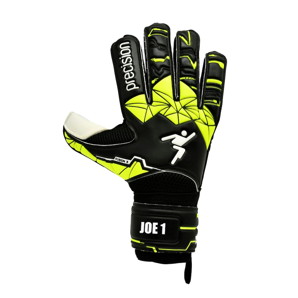 image 1 of Precision Childrens/Kids Fusion X Flat Cut Finger Protect Goalkeeper Gloves - White/Black/Neon Green - 7