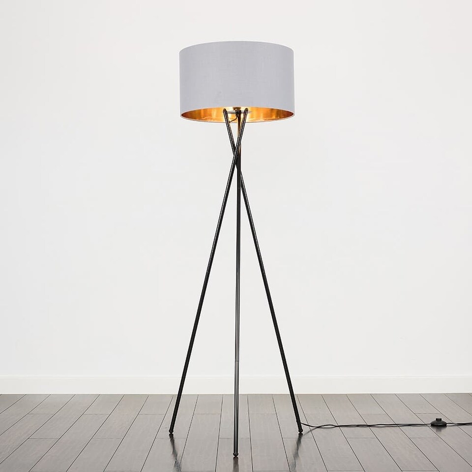 image 1 of ValueLights Camden Black Tripod Floor Lamp Grey & Gold Shade & Bulb | Gold