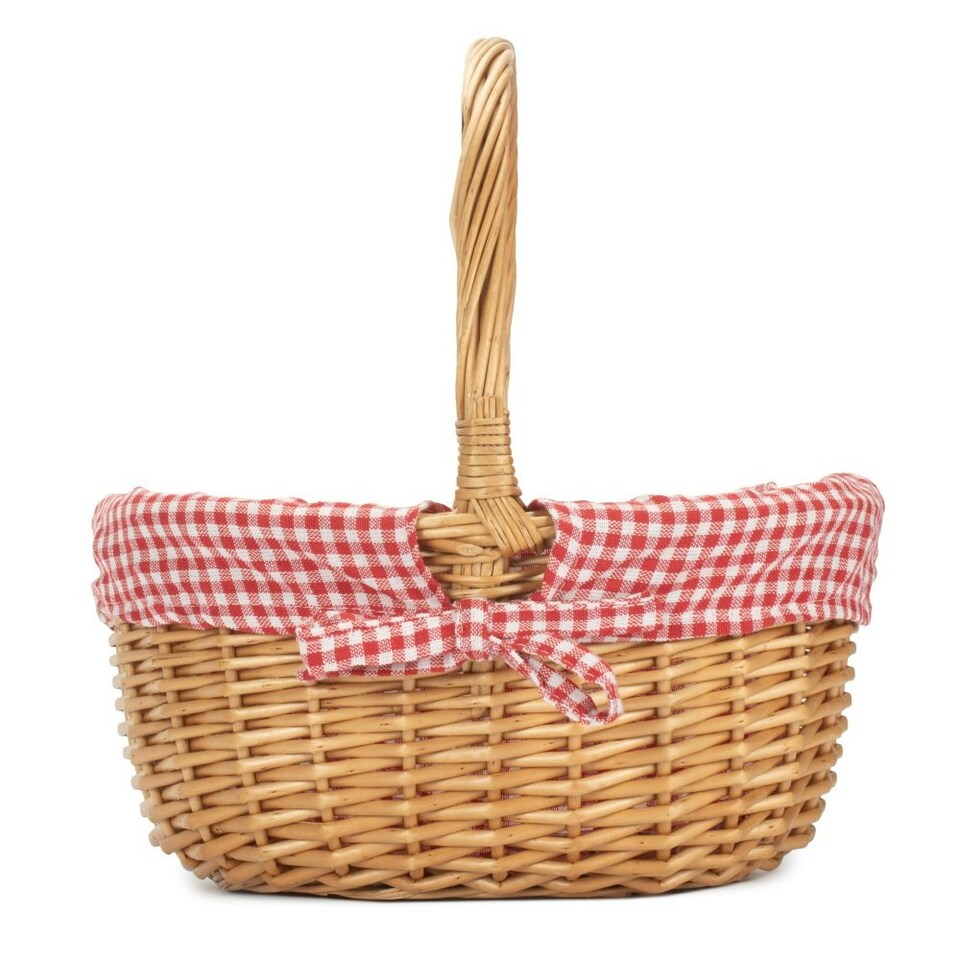 image 1 of Cotton Lined Full Buff Willow Child’s Shopping Basket Red | Red Checked | One Size
