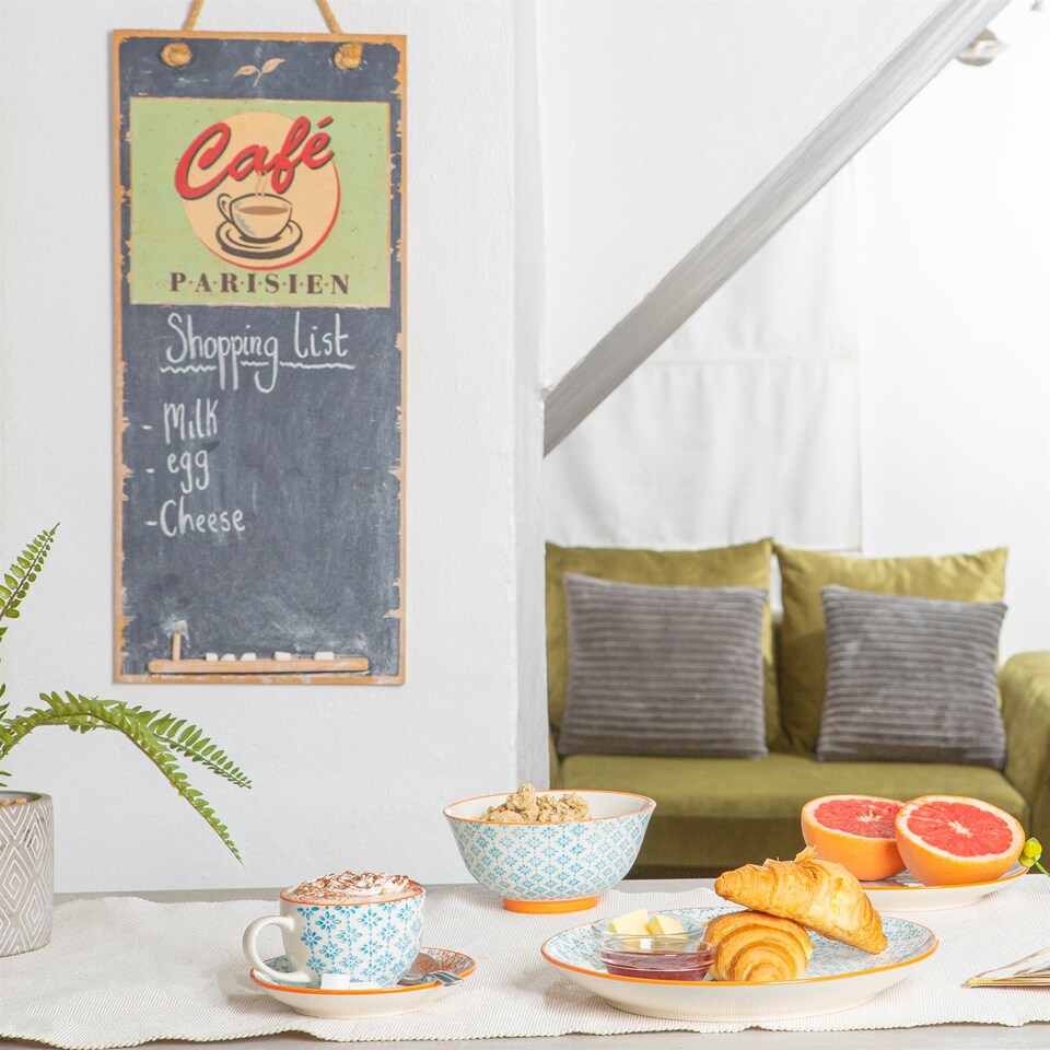 image 1 of Nicola Spring 6x Hand-Printed Dinner Plates - 25.5cm - Blue Stoneware Decorative Patterned Dining Dish Plates